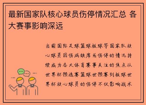 最新国家队核心球员伤停情况汇总 各大赛事影响深远